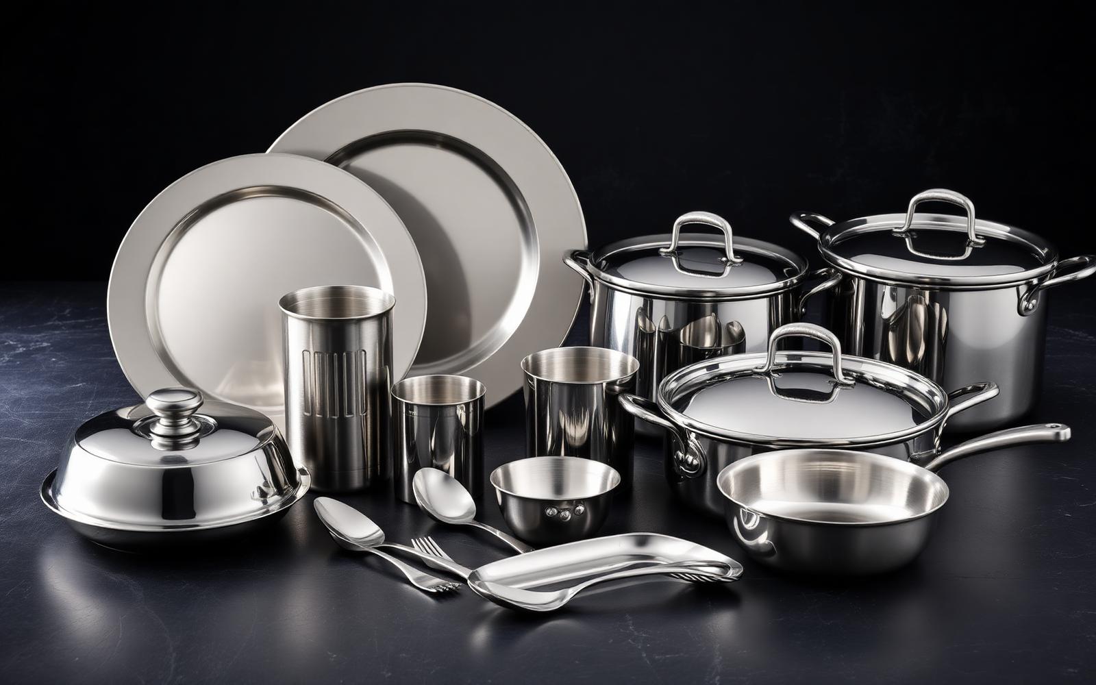Stainless steel utensils, plates, pots and tumblers arranged on dark surface