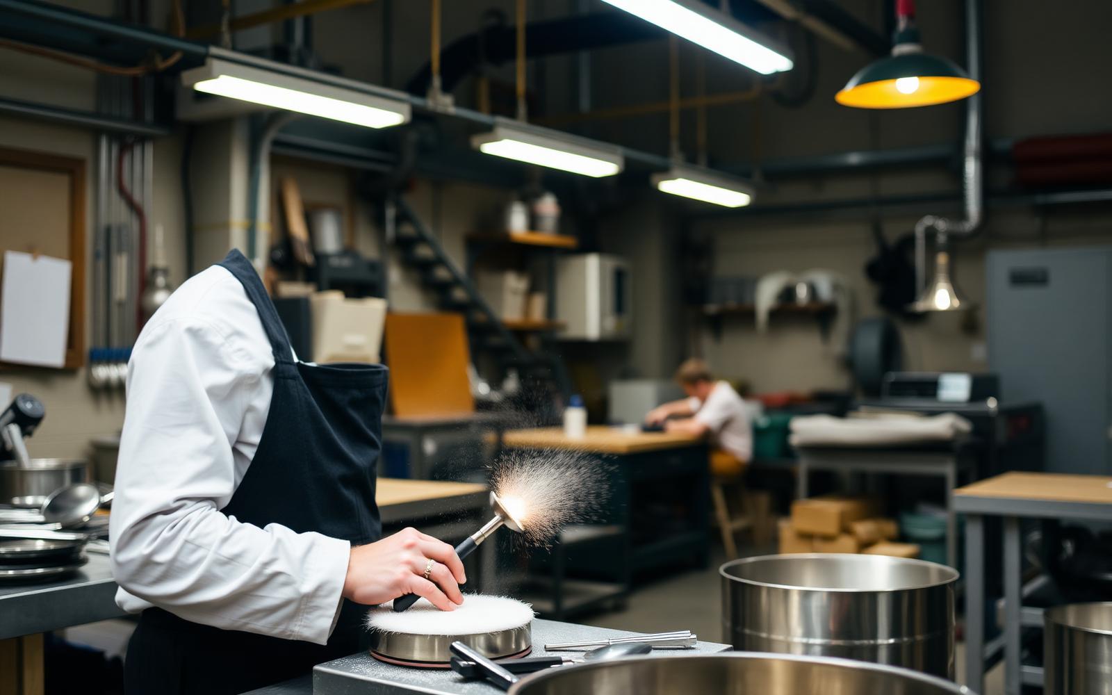 Craftsman polishing stainless steel utensil in workshop